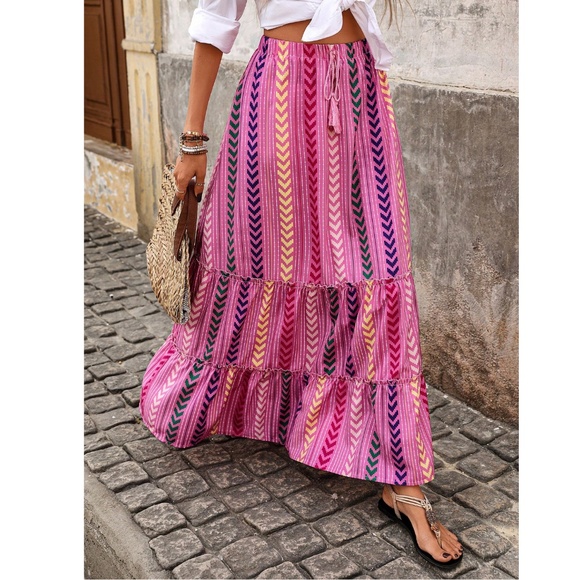 Pink Bohemian Chevron Print Ruffle Detail Maxi Skirt Faux Tassel Ties - Picture 3 of 7